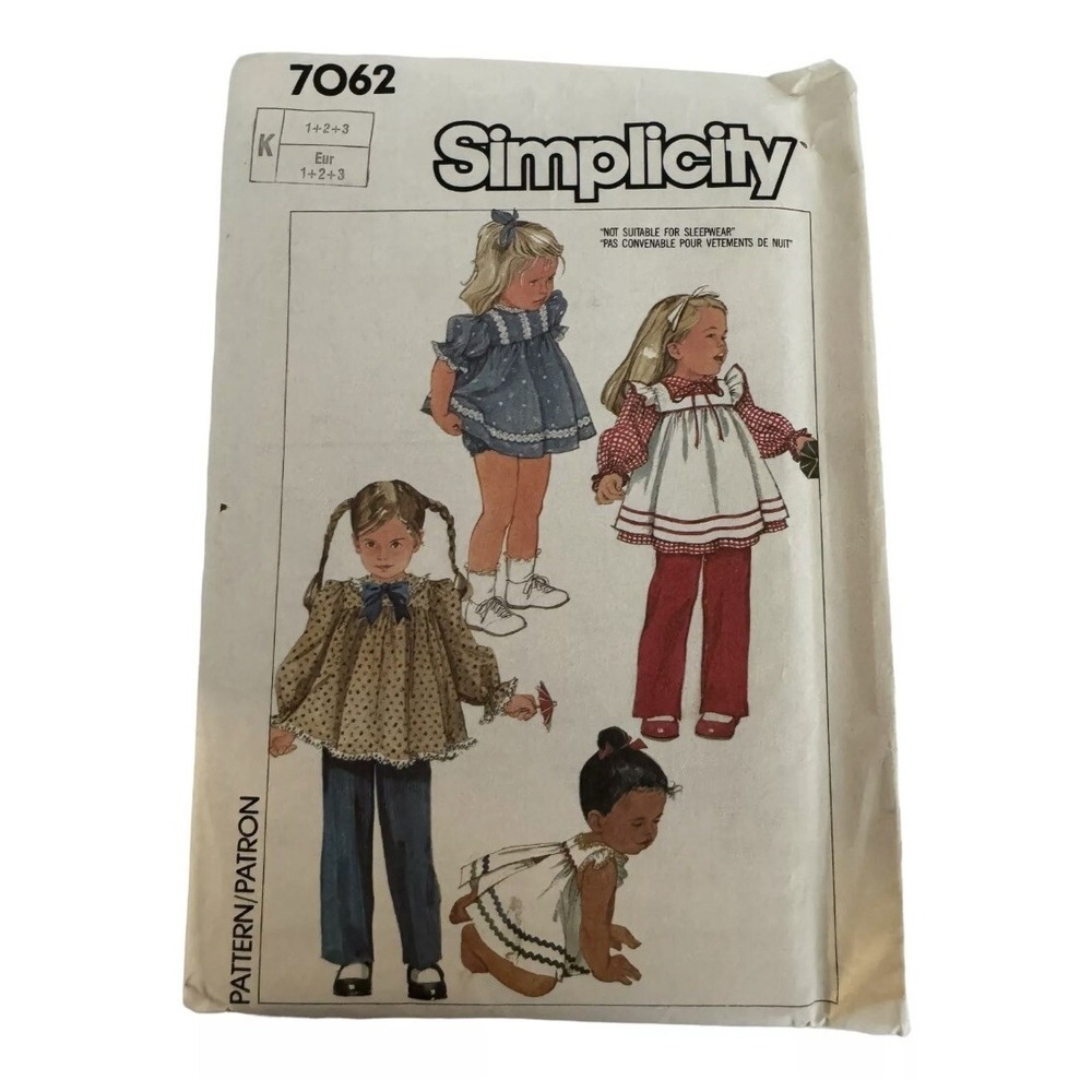 Simplicity Sewing Pattern 7062 Toddlers Tops Apron Sundress Pants Sz 1 2 3 Cut